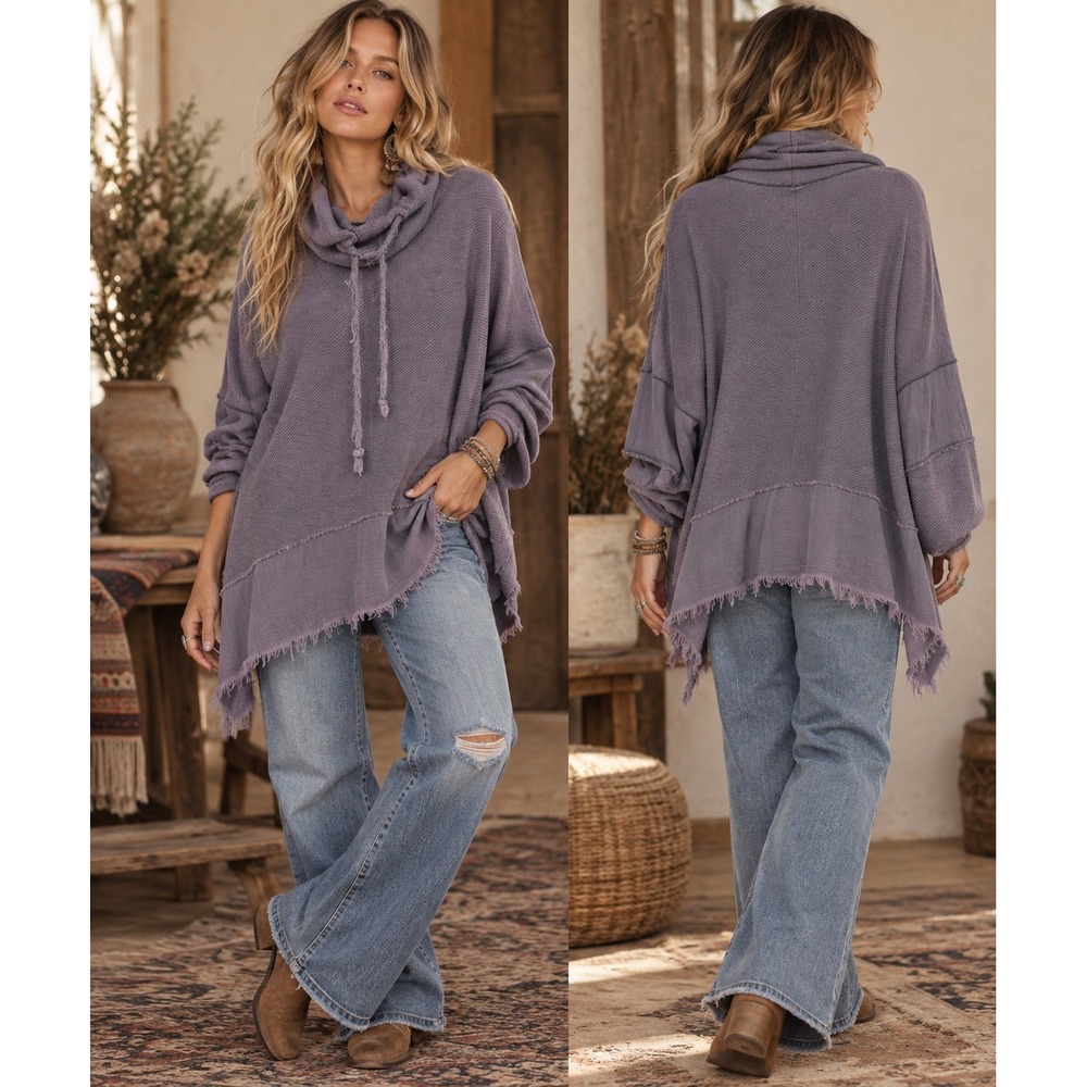 Free People Textured Tunic Top L Purple Cowl Neck Boho Rustic Oversized Earthy